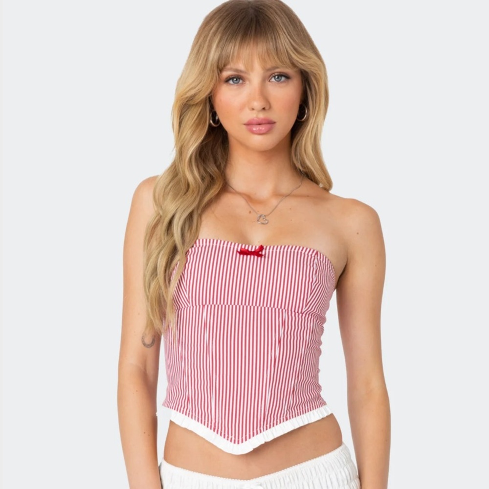 Red and White Strapless Top